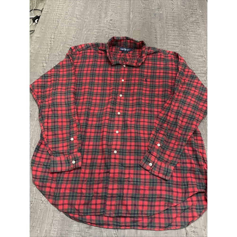 Vintage‎ Rugby Ralph Lauren Shirt Mens Medium Tartan Red Green Plaid Long Sleeve